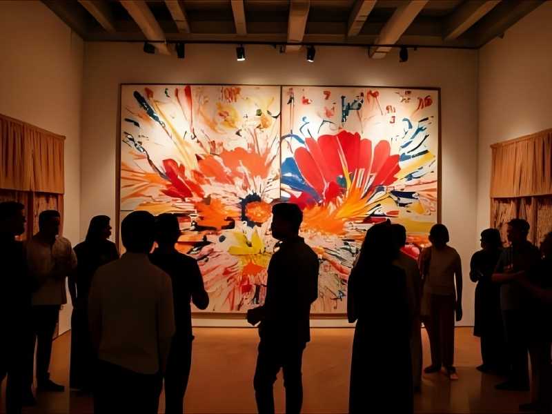 a group of people standing in front of an abstract painting - Cultural Events and Art Exhibitions