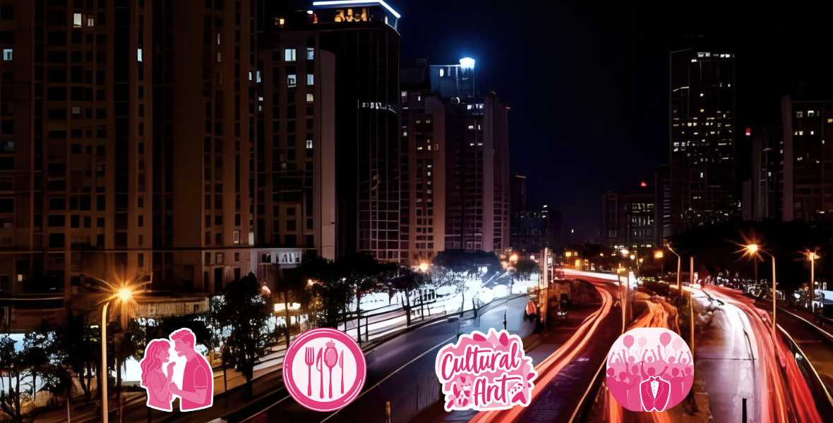 bangalore city street at night with traffic lights and tall buildings : icons for top night activities