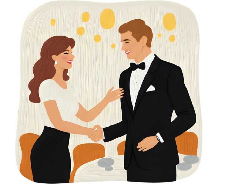 A refined escort offering a warm smile and handshake to a well-dressed gentleman in a hotel lobby